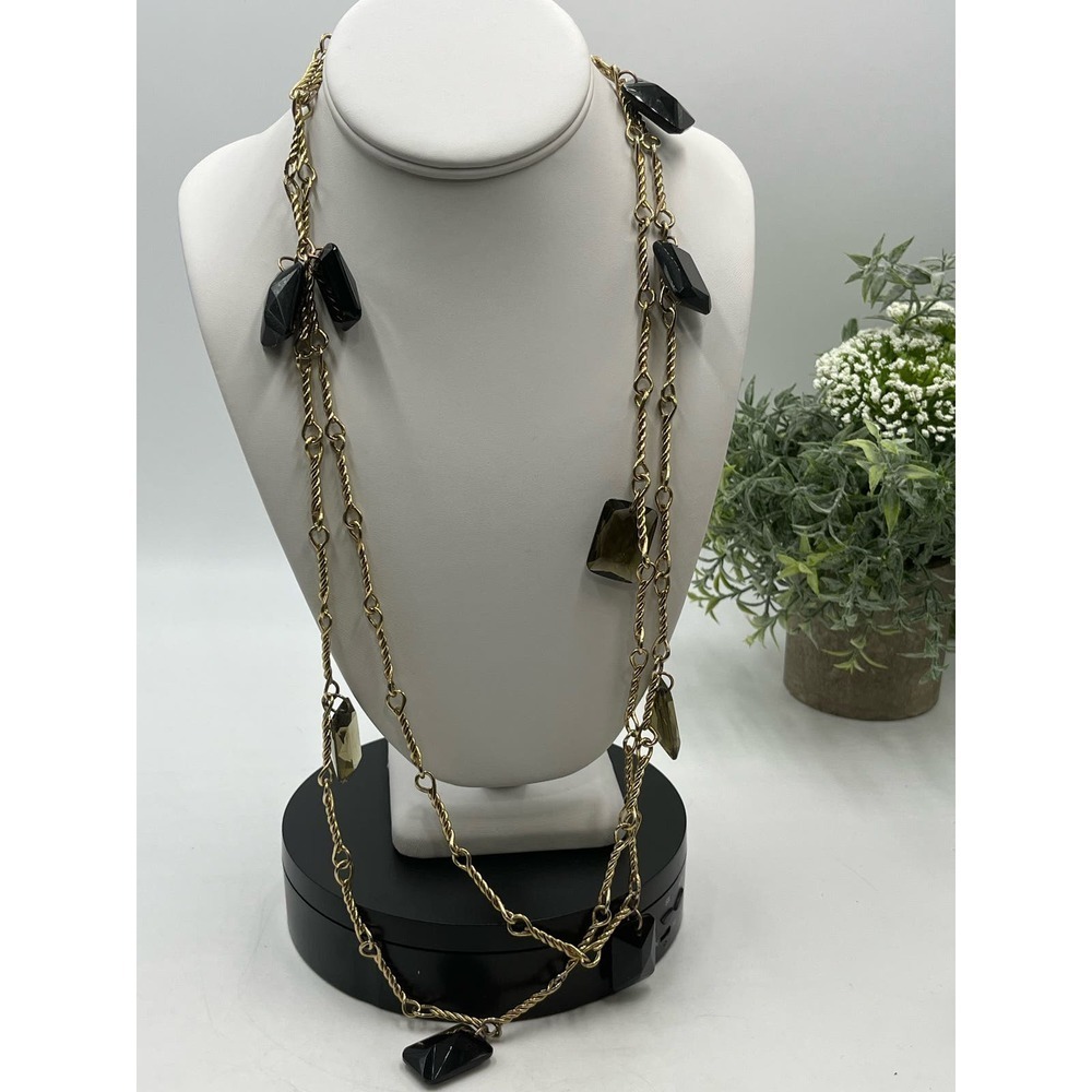 J. Crew Smoky Quartz Jeweled Long Strand‎ Station Gold Tone Necklace